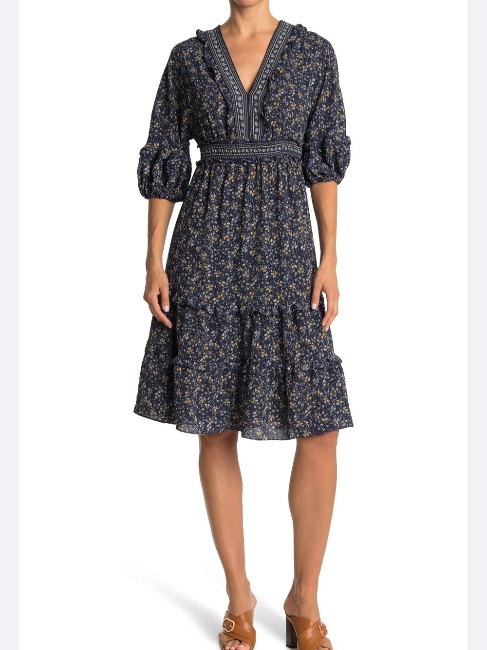 😍Max Studio Women Navy Floral V-Neck Tiered Midi Dress Size M